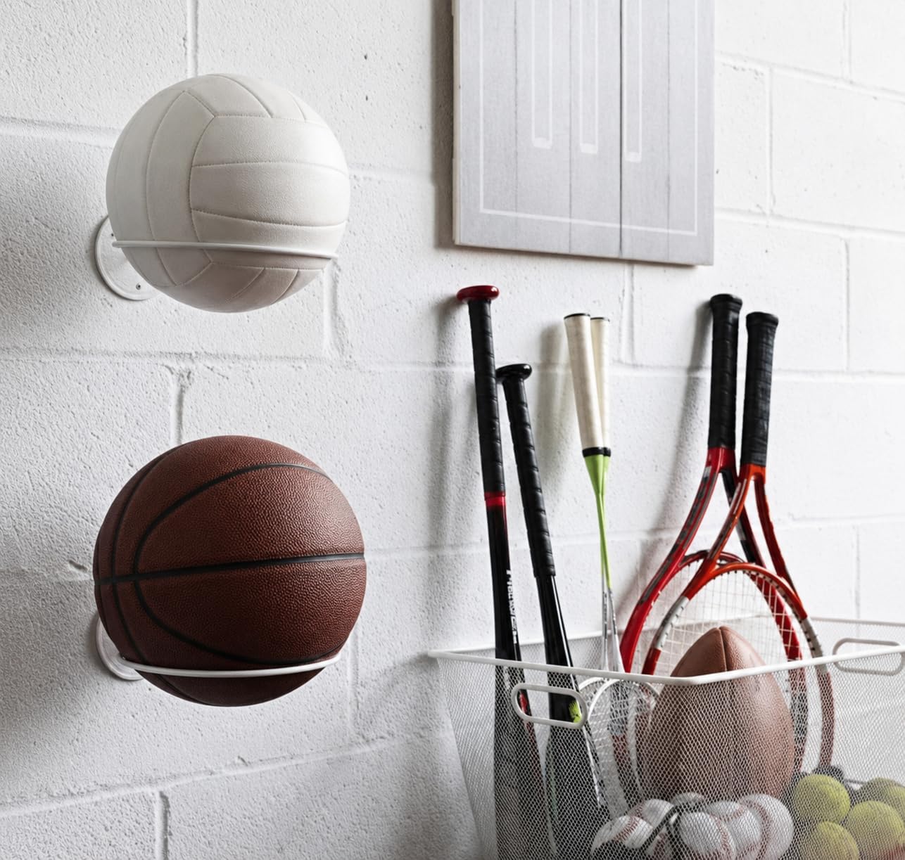 15 WEST Set of 4 Black Metal Wall-Mounted Sports Ball Holder Display Rack/Basket Ball/Football/Volley Ball Storage (Black)