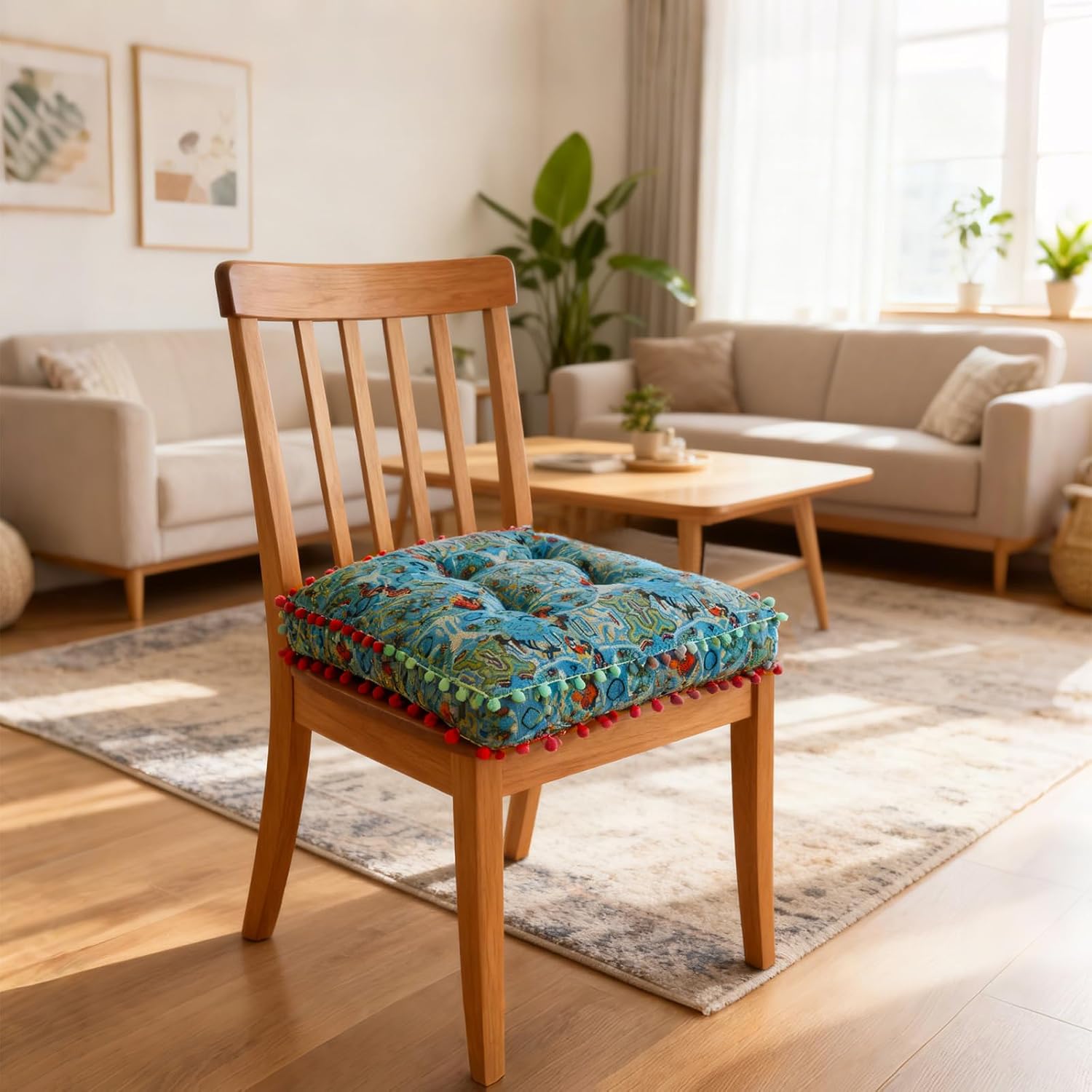 Bohemian Seat Cushion，Indoor & Outdoor 16.5" x 16.5" Seating Cushion for Dinning Chairs, Decorative with Tassels(4Pcs, Green)