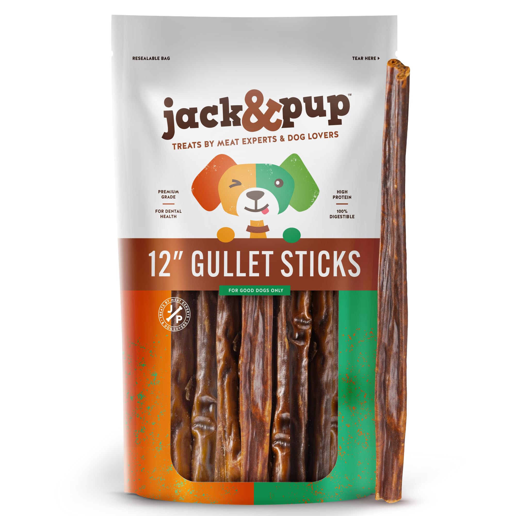 Jack&Pup Gullet Jerky Chew for Small Dogs | Single Ingredient Dog Treats with Glucosamine for Natural Joint Support (12" Gullet Sticks 20pk)