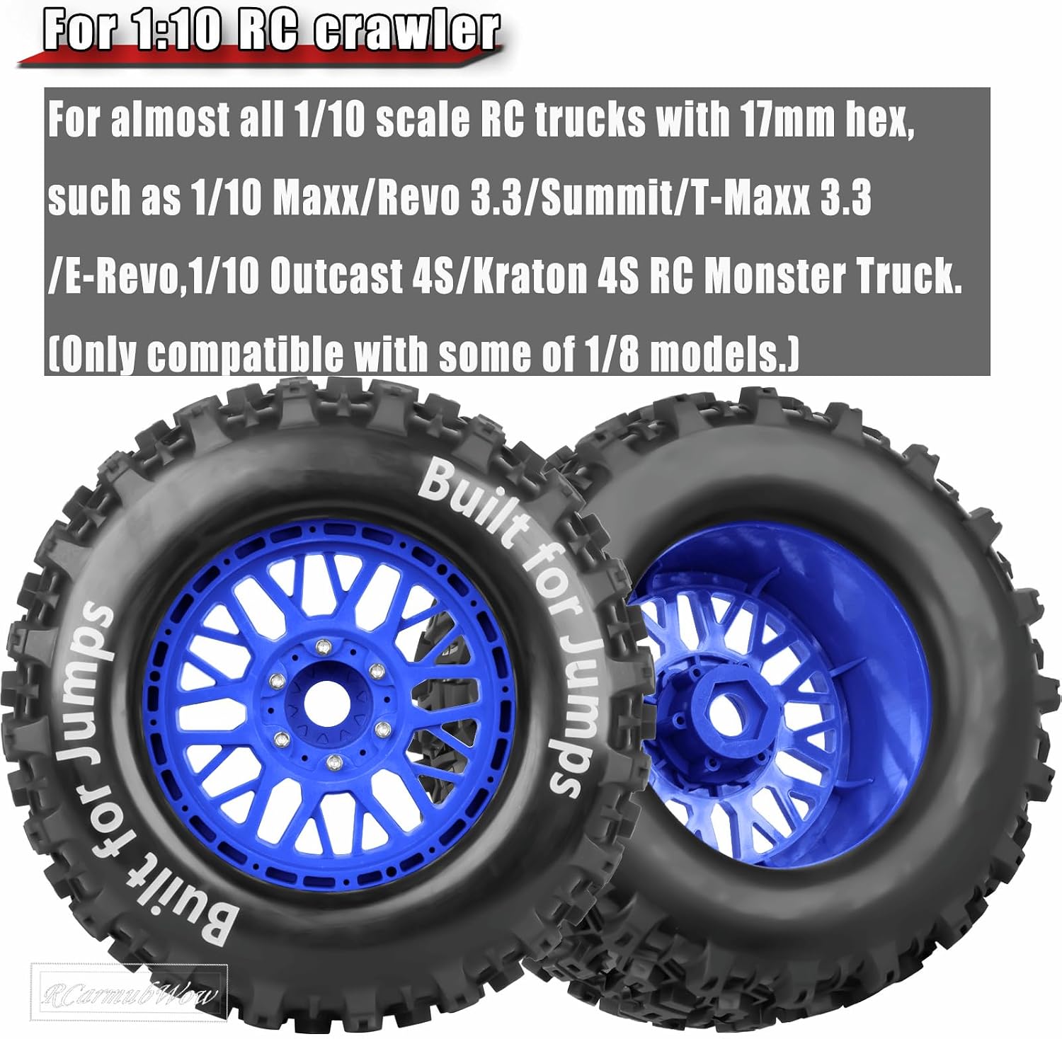 1/8 1/10 17mm Hex RC Truck Tires,Wheels and Tires for 1/10 E-Revo T-Maxx Summit Kraton Outcast Monster Truck,Buggy Rubber Tyres and Rims w/Foam Insert for RC Off-Road Car,Navy Blue-Red