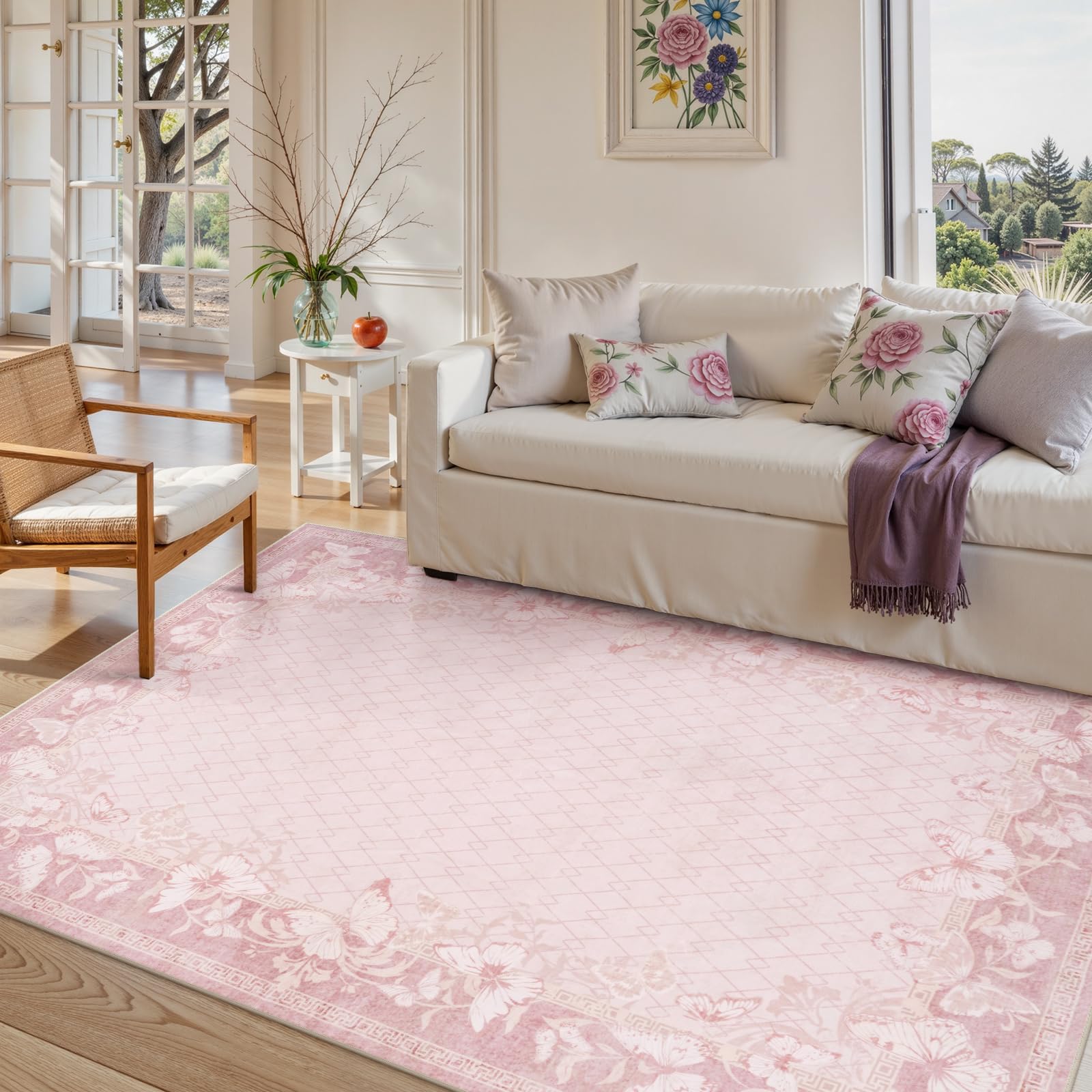 STARUIA Alfombra grande lavable de 5 x 7 pies para sala de estar, antideslizante, suave, rosa, para dormitorio, niñas, elegante alfombra de granja, alfombra de mariposa, oficina, comedor, habitación