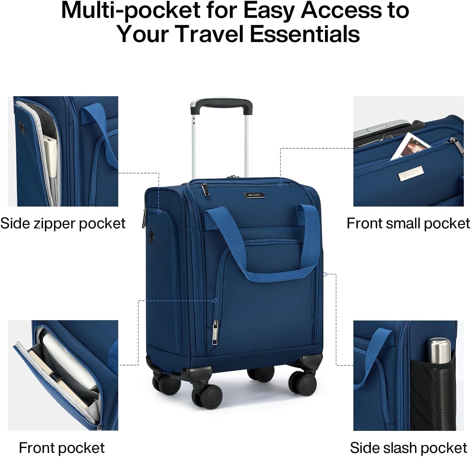 MILADA Underseat Carry On Luggage with Wheels, Airline Approved 16-inch Spinner Small Suitcase, Softside Travel Luggage, Personal Item Overnight Bag, Business Mini Suitcase for Women and Men, Blue - Image 7