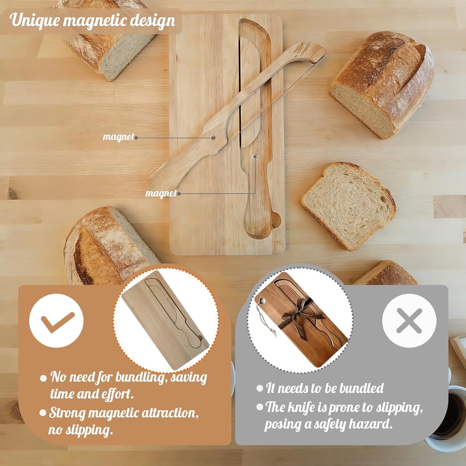 Bread Bow Knife And Board Set | Manual Bread Slicer And Cutter With Matching Crumb Tray & Cutting Board For Homemade Sourdough Bread, French Baguettes, Bagels | Stainless Steel Bow Knife, 40CM Length