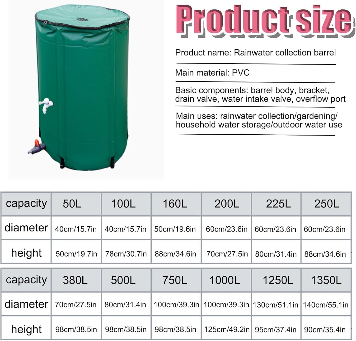 Collapsible Rain Barrel，Eco-Friendly Rain Barrel，Portable Water Tank,Collector Portable Foldable Collapsible Tank,Portable PVC Fluid Storage ，for Multiple Scenarios(750L)