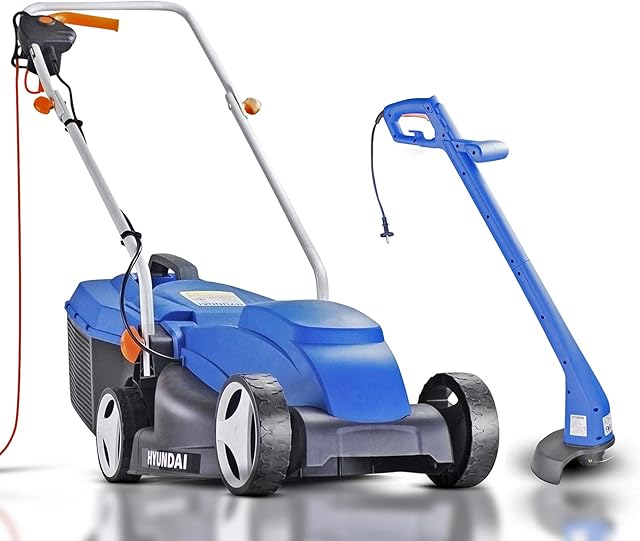 Hyundai 32cm 320mm Corded Electric Lawn Mower And 25cm 250mm Grass Trimmer Bundle, 3 Cutting Heights, 25l Grass Collector, 10m Power Cable With 3 Year Warranty
