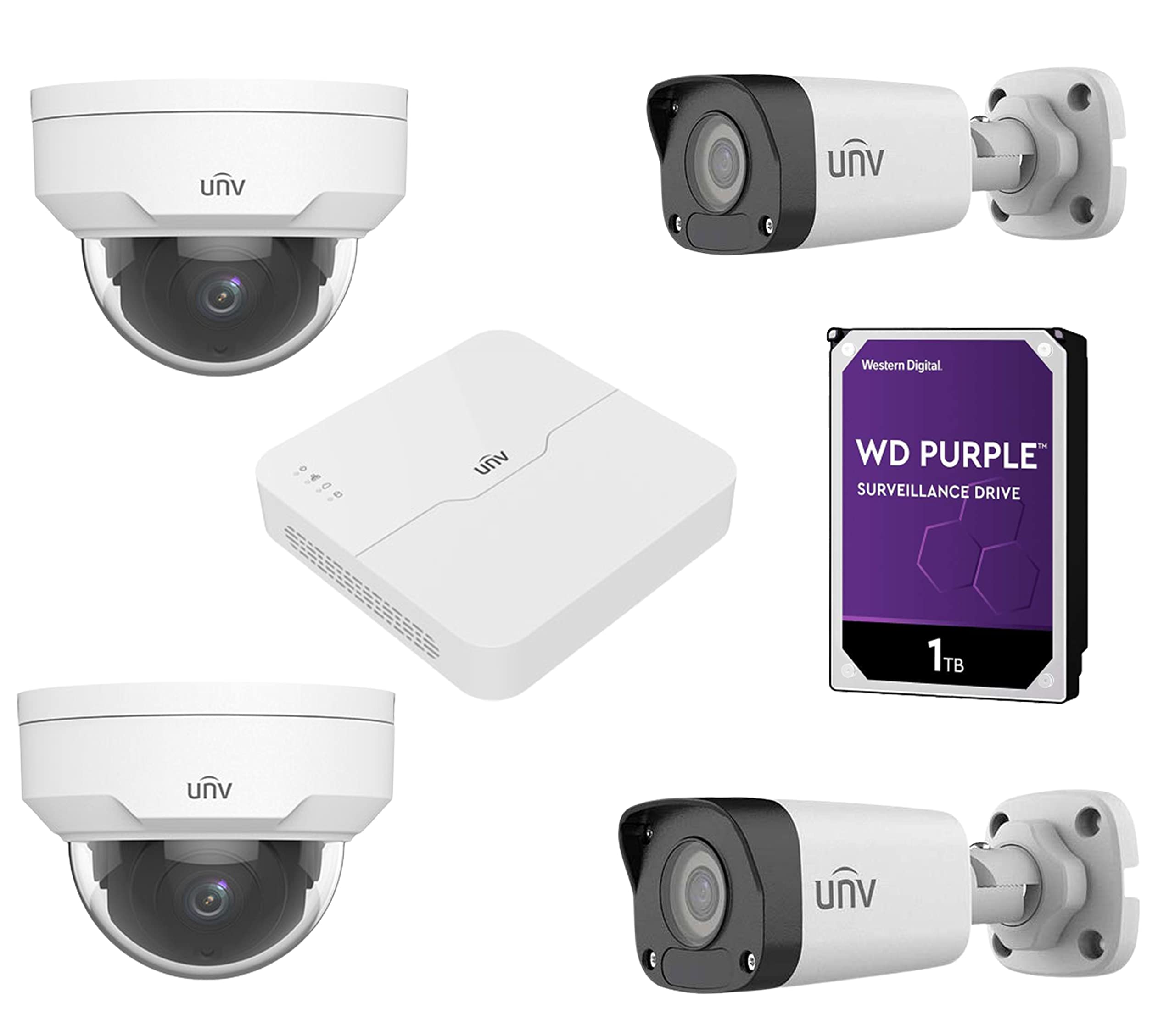GenericUNV IP Camera Kit - 2 Indoor + 2 Outdoor, 4 Channel NVR, 1TB HDD, Mouse, Wired, HD, Night Color, Indoor and Outdoor