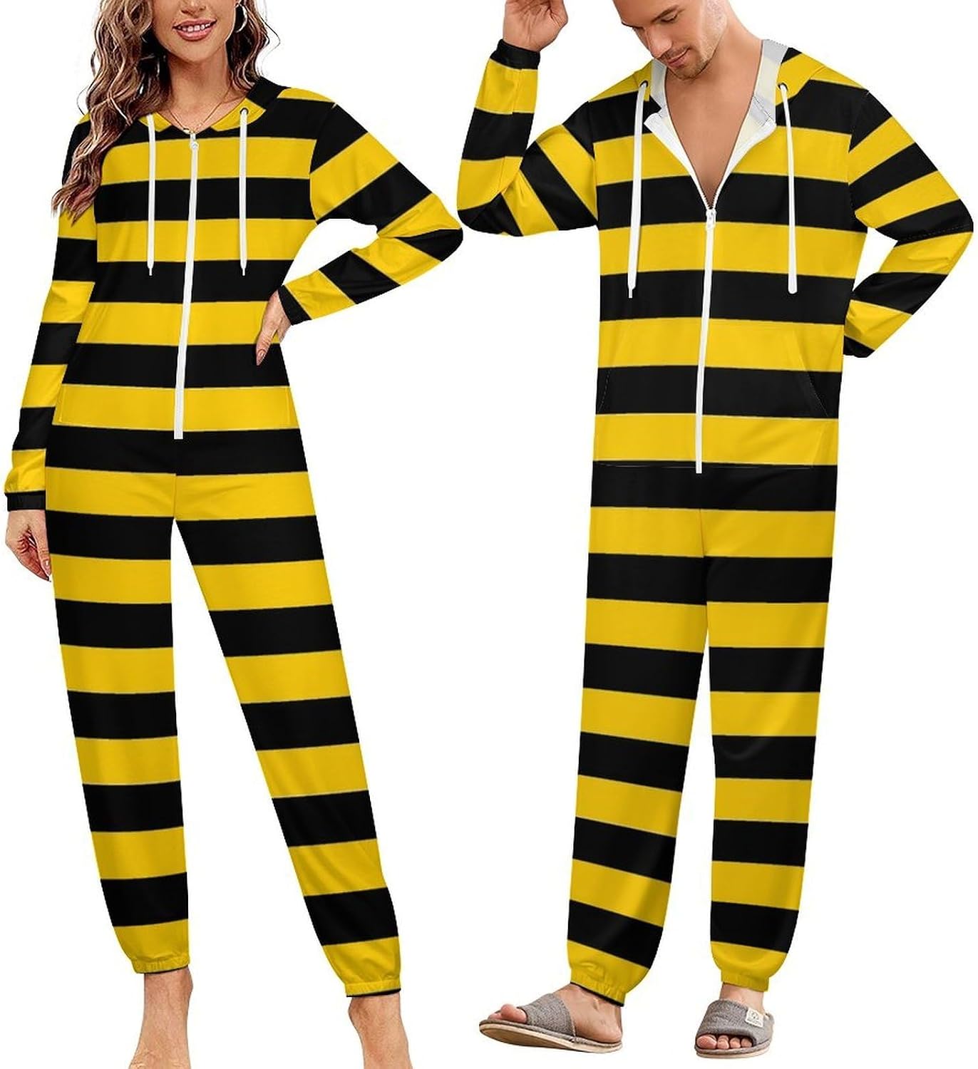 Bee Stripes Adult Pajamas Onesie with Hood Pocket Jumpsuits One Piece Sleepwear