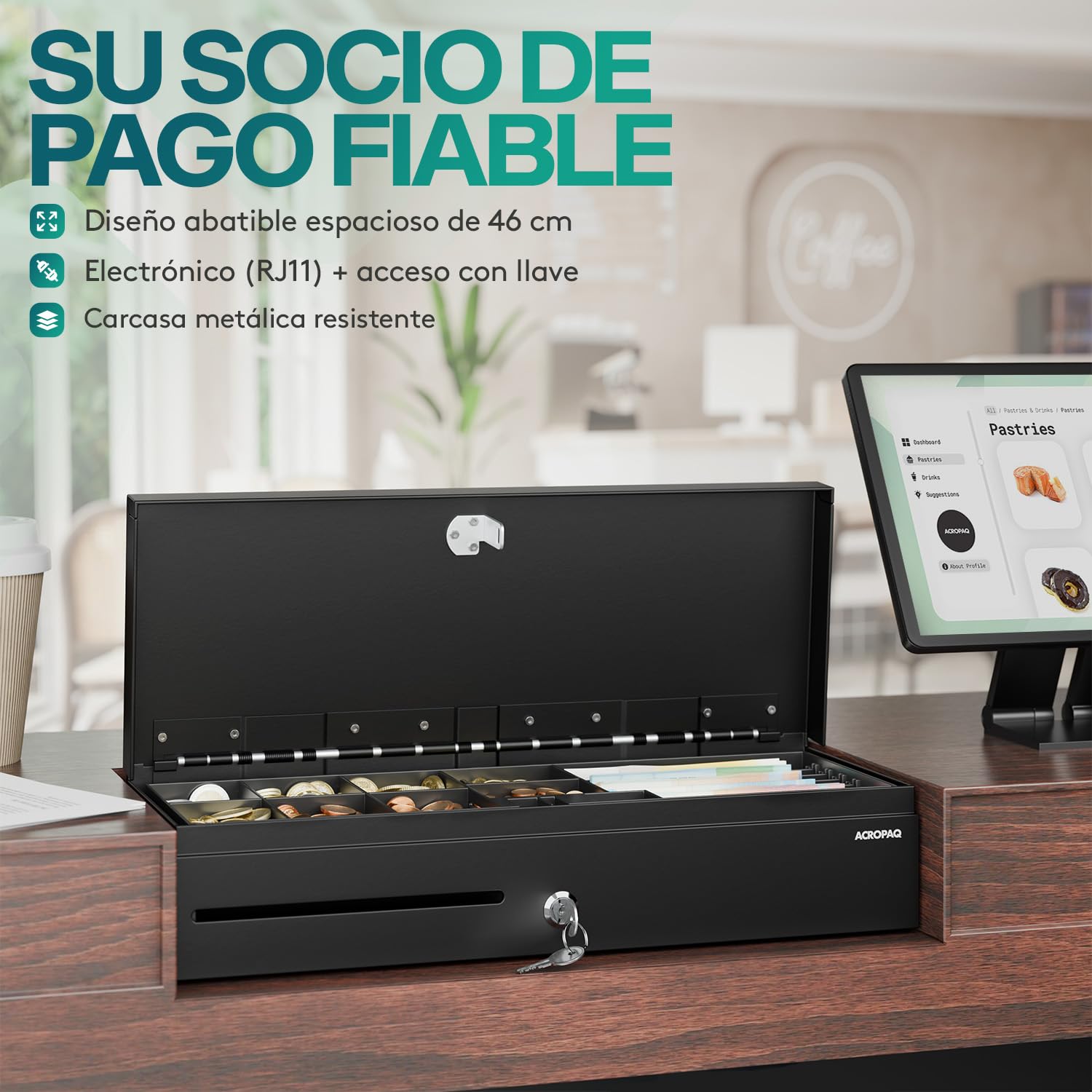 ACROPAQ Cajón portamonedas Fliptop - Compatible con caja registradora RJ11, 6 compartimentos monedas y 8 billetes, (46 x 18 x 10 cm) Carcasa de metal resistente, Inserto extraíble