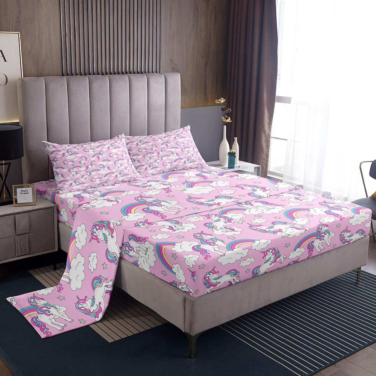 Unicorn Sheet Set King Size Girls Cute Rainbow Unicorn Sheets with Deep Pocket Fitted Sheet Dreamy Horse Printed Bed Sheets Set Magical Animal Decor Bedding Set Fantasy Unicorn Themed Bed Sheets Set