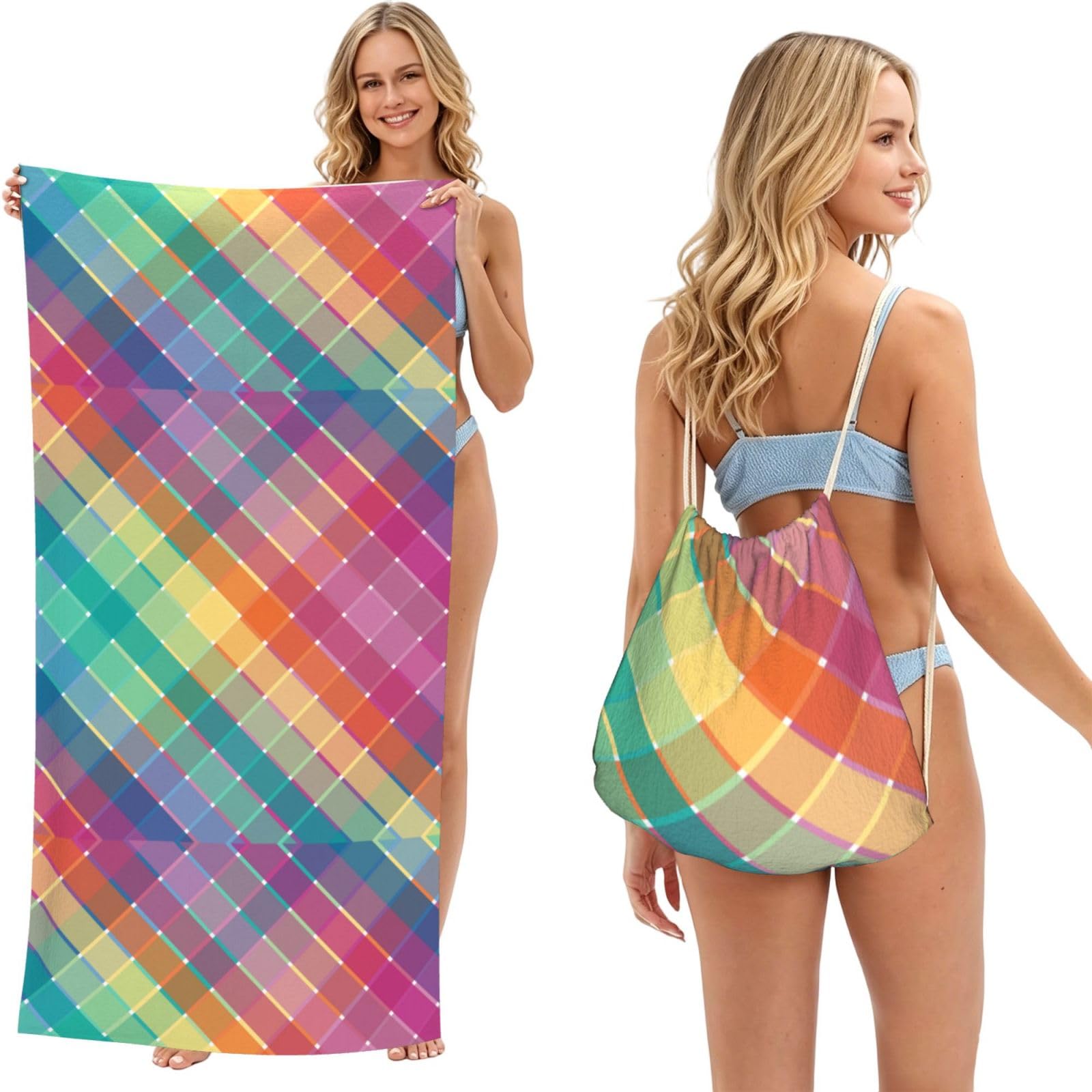 Poadnly As Picture Colorful Rainbow Multicolor Plaid Stripes, 2 In 1 Packable Towel Bag, Beach Towels With Drawstring Backpack For Travel Holiday Camping