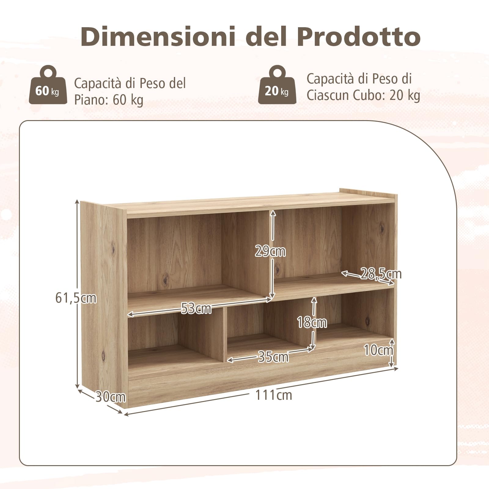 GYMAX Libreria Bassa in Legno, 2 Livelli, 5 Scomparti, Deposito Classificato, Ideale per Soggiorno, Studio ed Ufficio, Stile Moderno, 112 x 30,5 x 61 cm (Naturale)