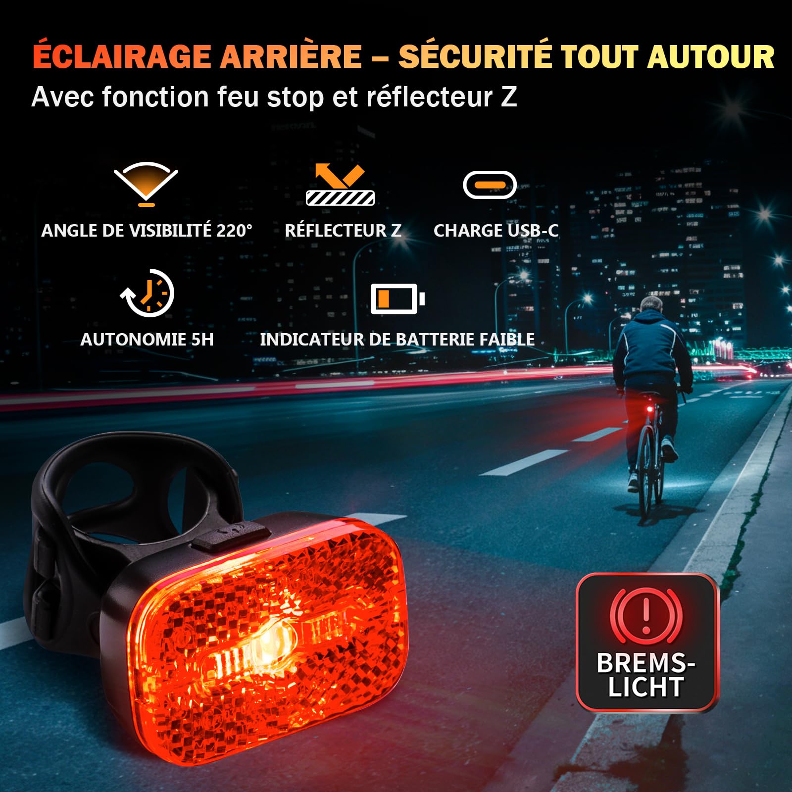 Kit d'éclairage de vélo 100 Lux StVZO, batterie USB-C avant + feu arrière avec fonction feu stop, étanche IPX5 pour les trajets en route de nuit