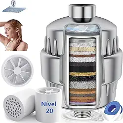 1 Filtro de Chuveiro com 2 Pacotes de Substituição de Filtro de Chuveiro de 20 Estágios, Amaciante de Água Pesado para Remover Cloro, Flúor, Metais Pesados, Ferro, Melhorar Sua Pele e Cabelo