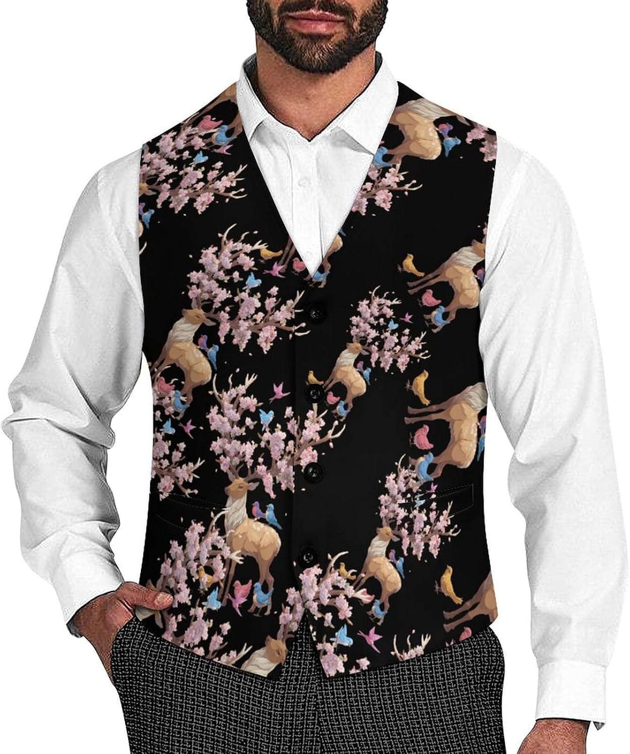 Deer Big Antlers Flowers And Birds Men's Suit Vest Formal Vests Casual Dress Fit Waistcoat Casual Tuxedo for Business