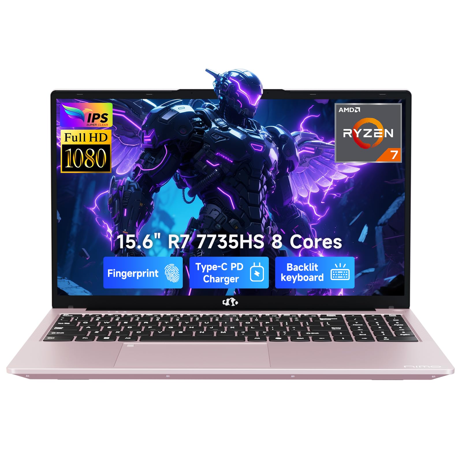 NIMO 15.6" IPS FHD Gaming-Laptop, AMD 8 Cores Ryzen 7 7735HS 16GB DDR5 RAM 512GB SSD Computer with Radeon 680M 100W Type-C Backlit Keyboard Fingerprint Unlock