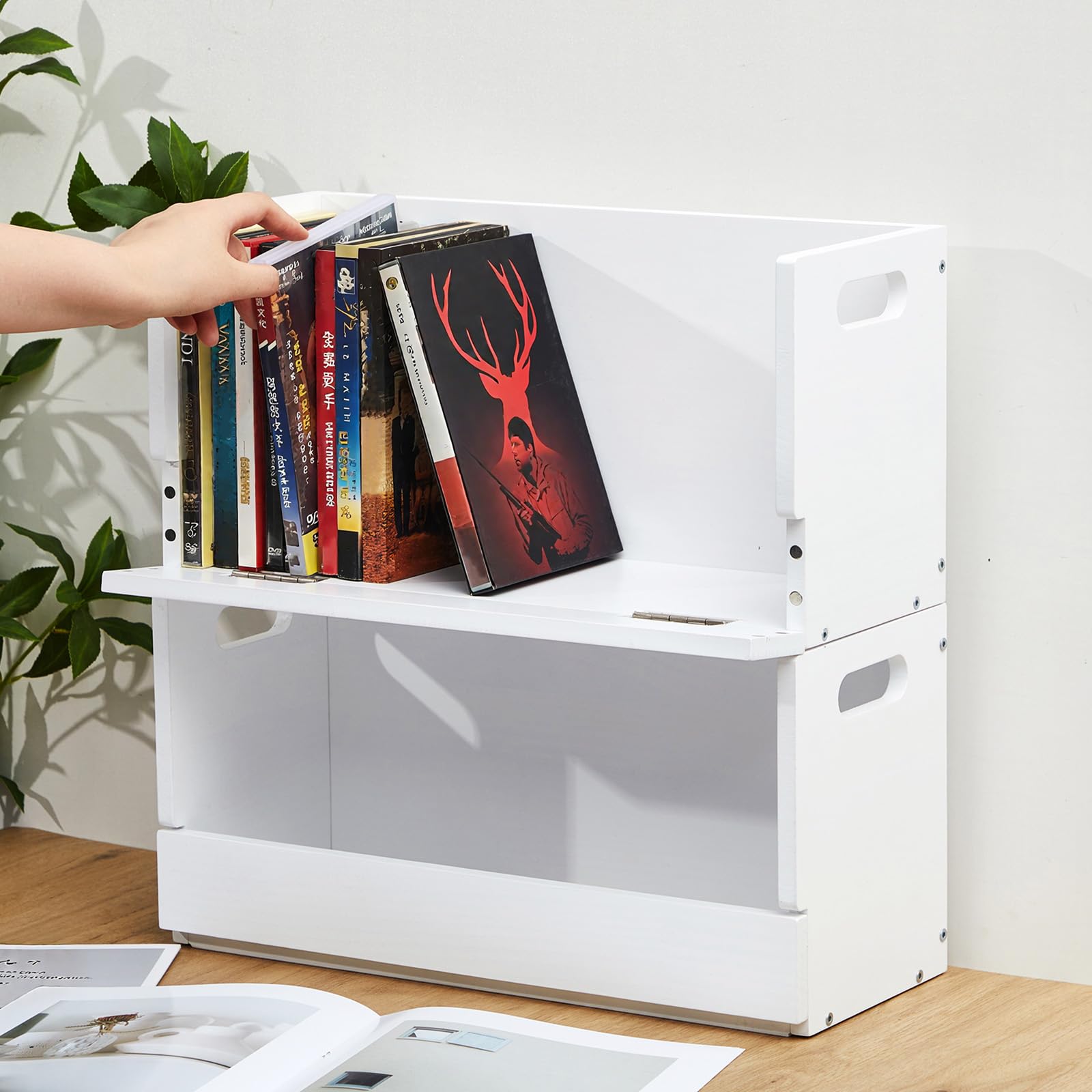 CroBlissful Set di 4 scatole in legno per DVD e DVD, in legno massello, con maniglia per il trasporto, per CD, custodie per film, ogni organizer può contenere fino a 26 scatole (bianco)