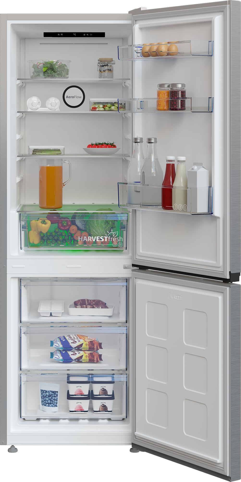 Beko B5RCNA346HXB bPro 500 freistehende Kühl/-Gefrierkombination, 301 l Nettovolumen, 209 l Kühlen, 92 l Gefrieren, NoFrost, AeroFlow, HarvestFresh, 3 Gefrierschubladen, Edelstahl-Look