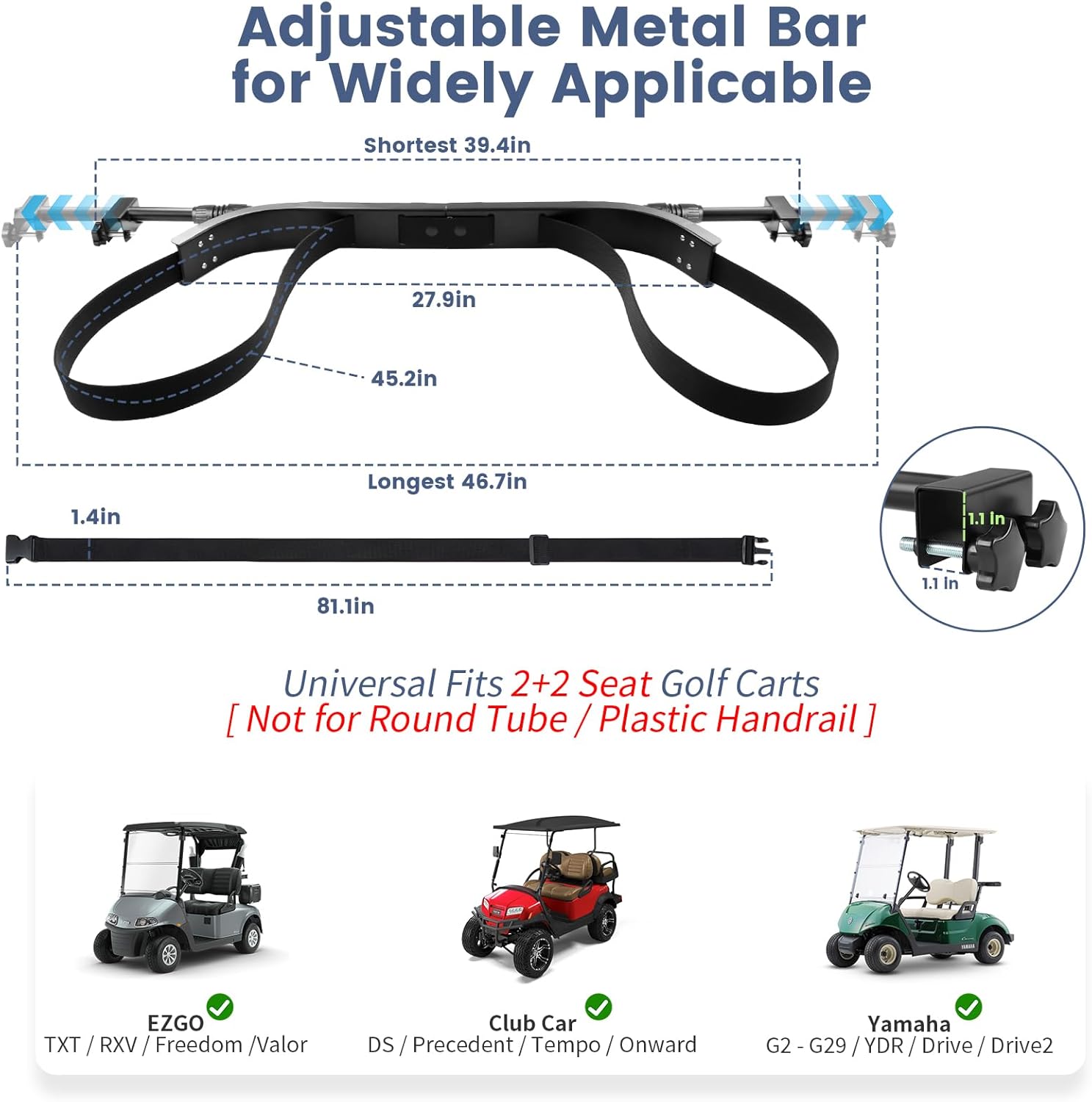 Golf Cart Bag Holder Bracket Upgraded Metal Attachment for 2+2 Rear Seat with 1 Inch Square Rail Golf Cart, No Drilling Required Golf Bag Rack for EZGO Club Car Yamaha Included All Hardware
