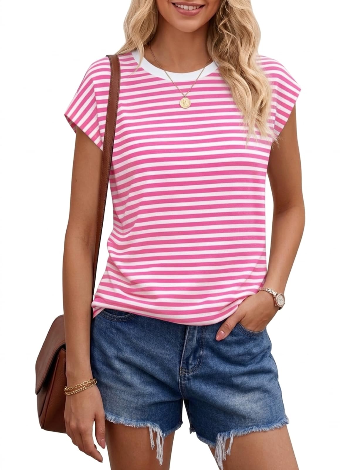 Chicrise T Shirt Damen Sommer Flügelärmel Gestreiftes Top Ärmellose Rundhals Farbblock Oberteil Lässige Leicht - 5