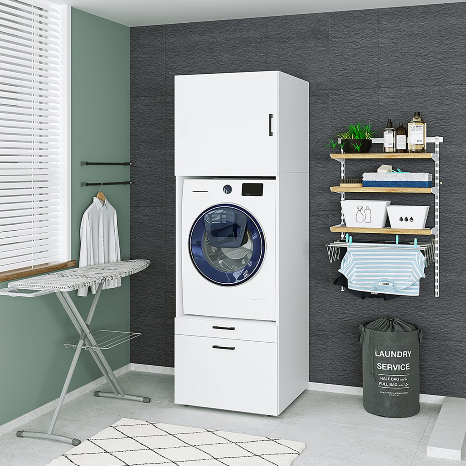 ROOMART , Waschmaschinenschrank mit Schrankaufsatz, Schublade & Ausziehbrett, Weiß, Schwarz Eiche, Waschmaschinenüberbau (Schrank + Aufsatz (62 cm), Weiß)