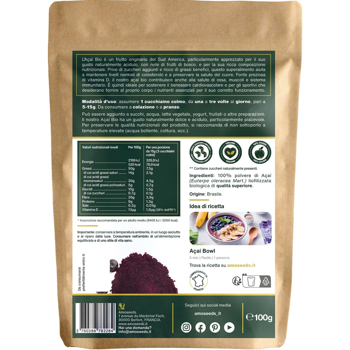 Açaí in polvere BIO 100g | 100 % Polpa di bacche di açaí Liofilizzata (freeze-dried) | Crudo, Senza Zuccheri Aggiunti | Immunità, Vitamina D, Ossa | Qualità Superiore