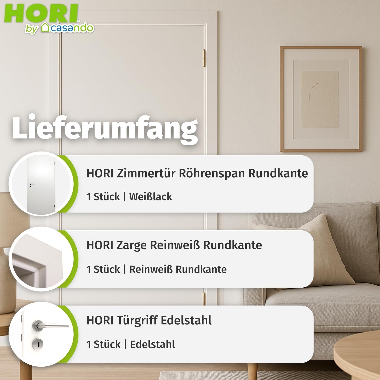 HORI Zimmertür Komplettset mit Zarge und Edelstahl Türdrücker I Innentür CPL Weiß RAL9010 I Größen und Schloss wählbar - 1985 x 735 x 330 mm - DIN Rechts