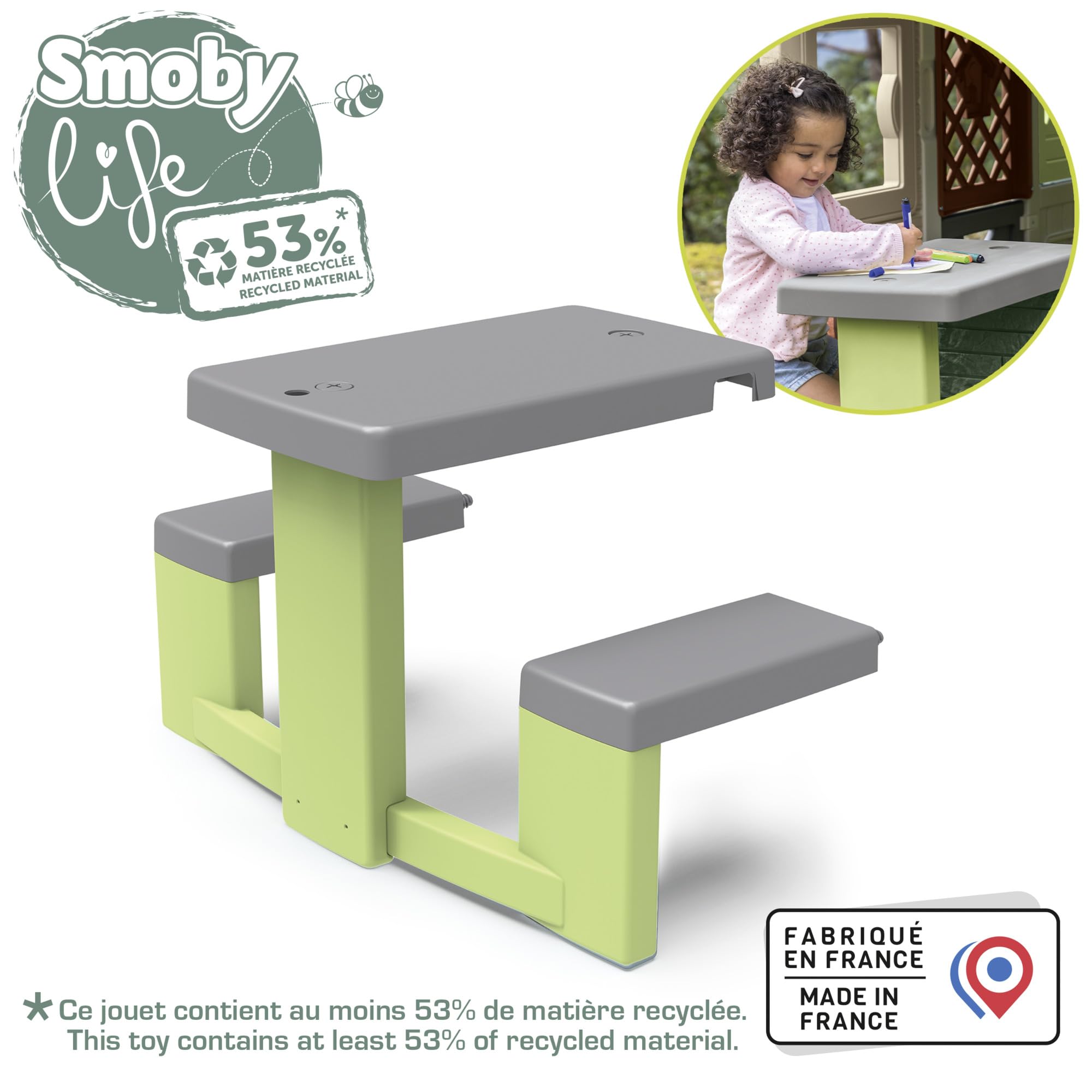 Smoby Life - Table Pique Nique - 2 Bancs - Compatible avec de Nombreuses Maisons - Matière Recyclée - A Partir de 2 Ans - Fabrication Française