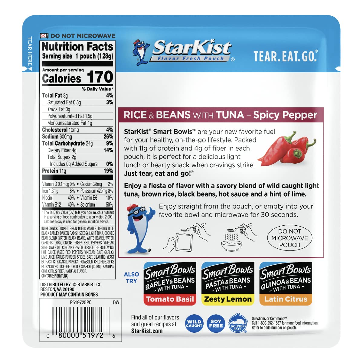 StarKist Smart Bowls Spicy Pepper, 4.5 oz Pouch (Pack of 12) – Features Rice & Beans with Wild Caught Light Tuna