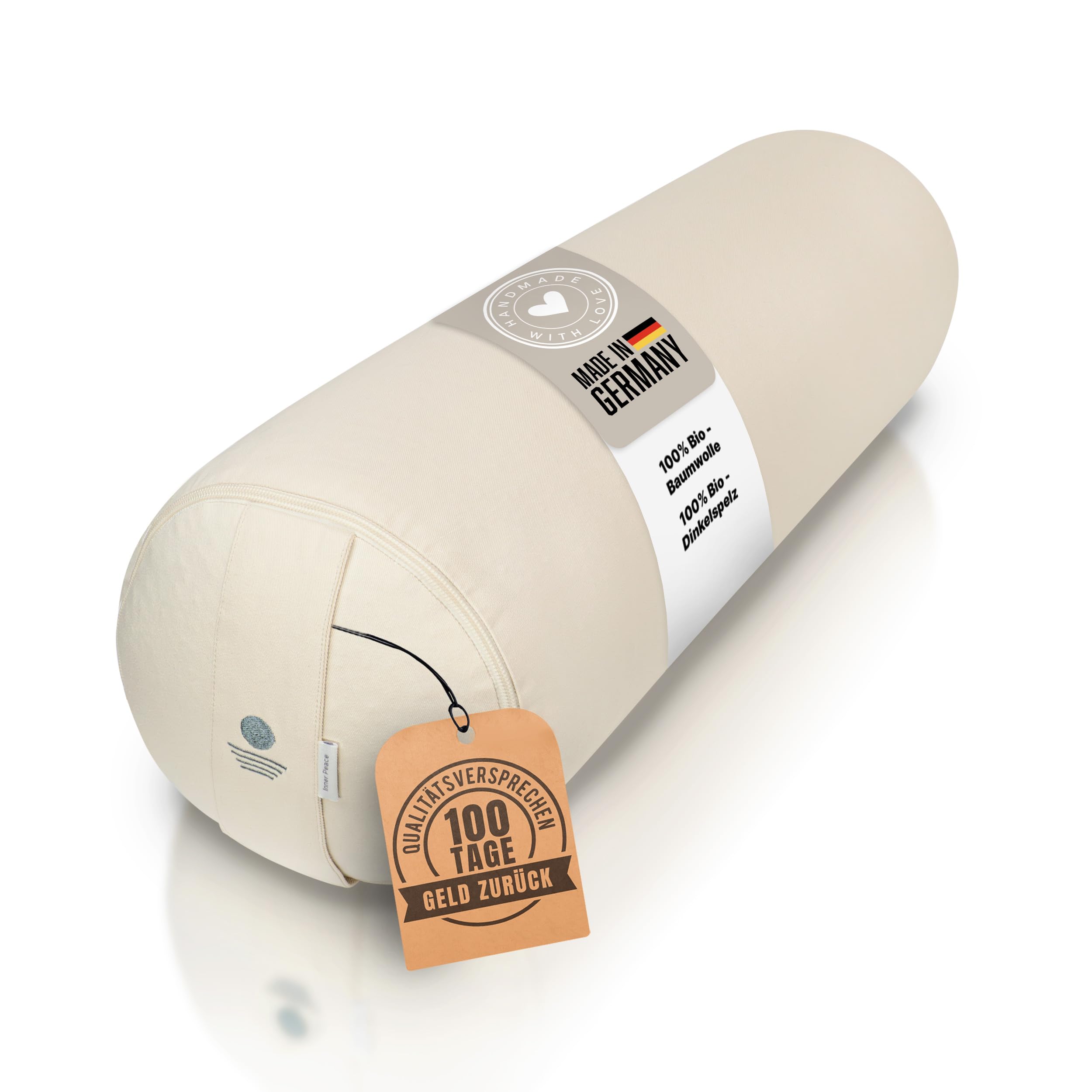 Yoga Bolster Ø 23 cm mit Bio-Dinkelfüllung | Bezug aus 100% Bio-Baumwolle, Yogakissen lang, Made in Germany, waschbarer Bezug, für Yoga & Entspannung