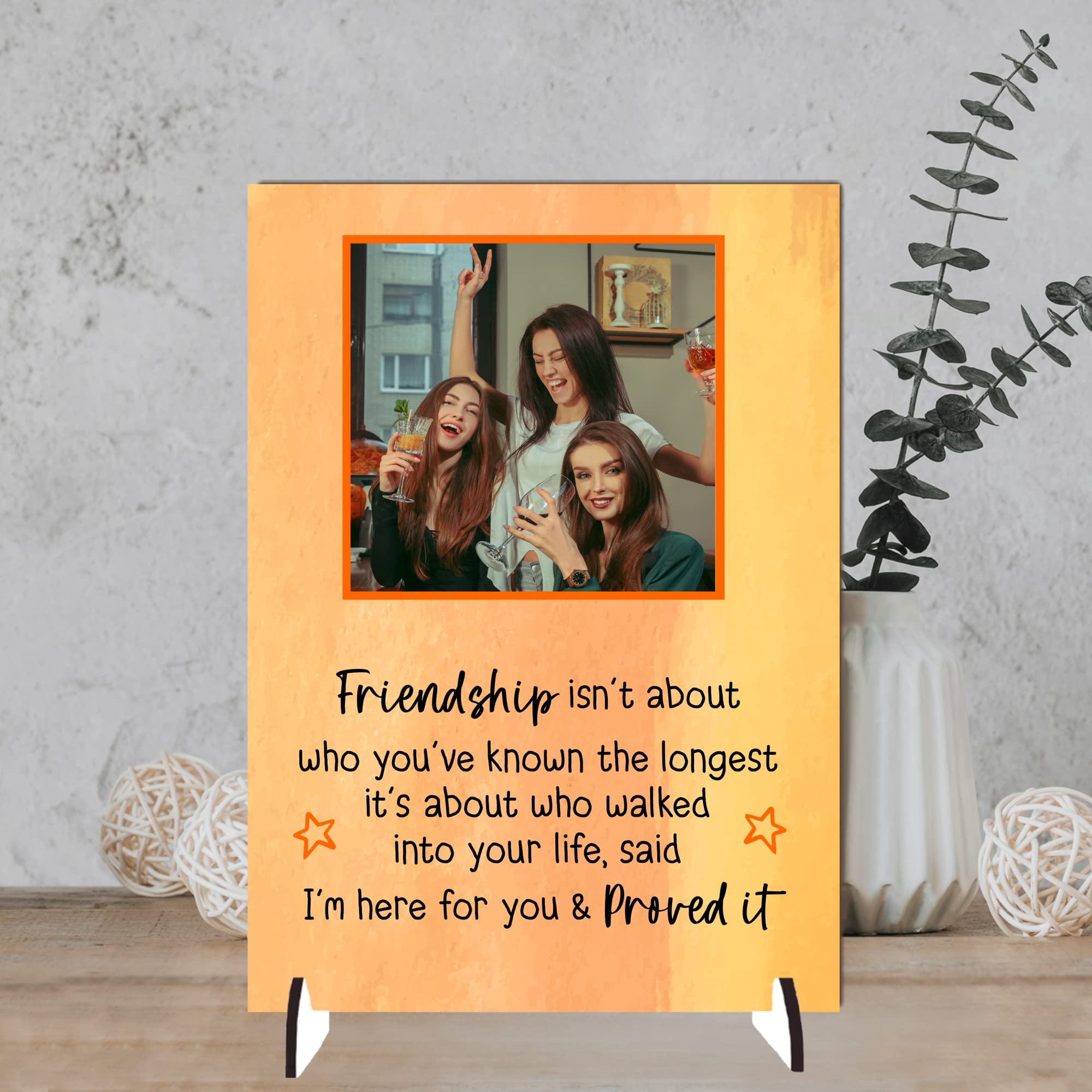 Personalised A5/A4 Friendship Plaque - Heartfelt Gift with Custom Photo - Freestanding MDF or Acrylic Plaque with Inspiring Quote (Mdf Wood A5 21cm x 15cm, Orange) โ image 1