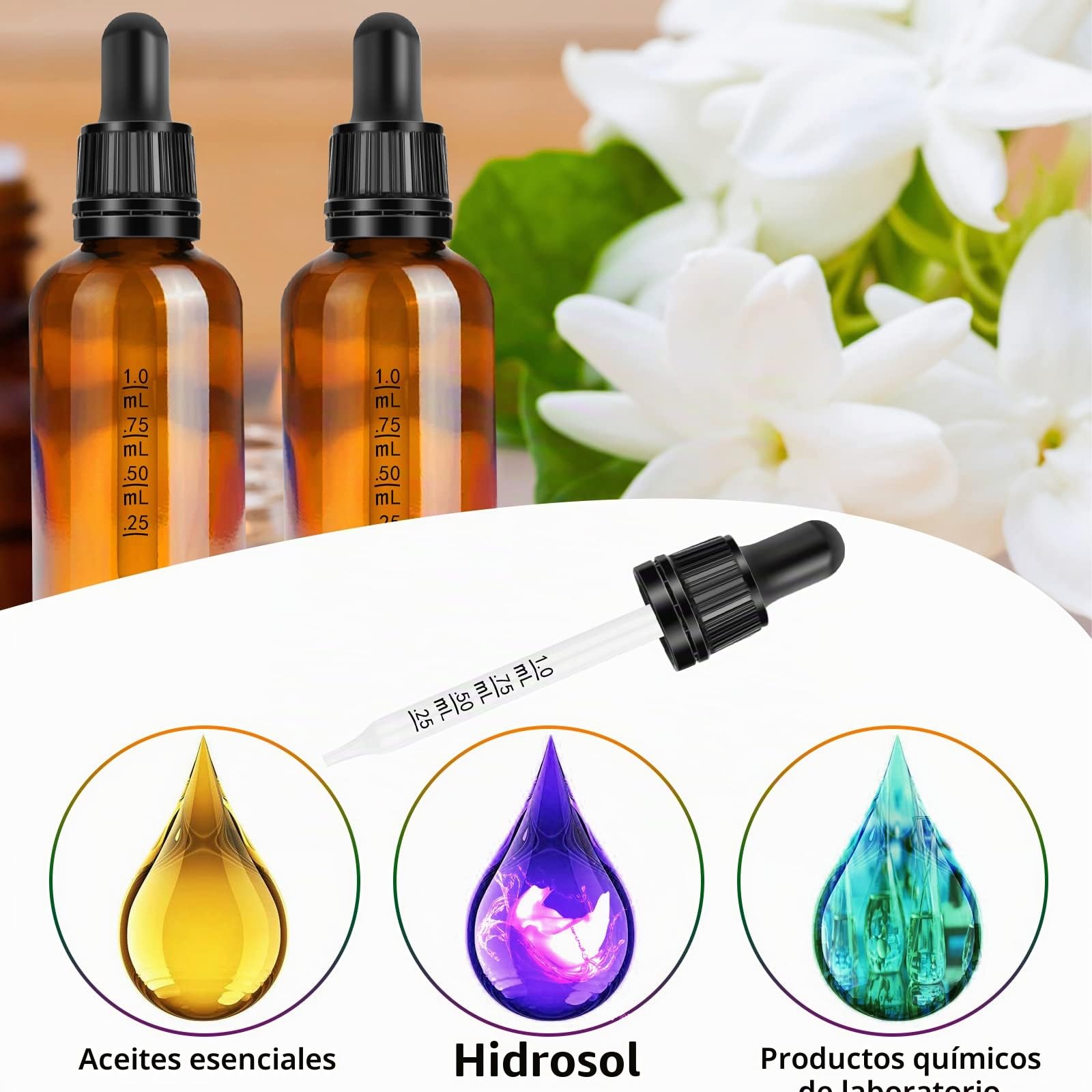 Amber Frasco Cuentagotas Cristal 50ml 2Pcs Botellas Goteros con Pipeta para Aceite Esencial Aromaterapia Marrón