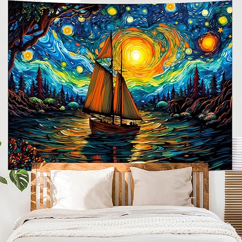 Miniatura 4 de Maccyafst Tapiz de noche estrellada, tapiz estético de barco de vela, tapiz de pared con estrellas y galaxias, tapiz de pintura al óleo de Van Gogh,