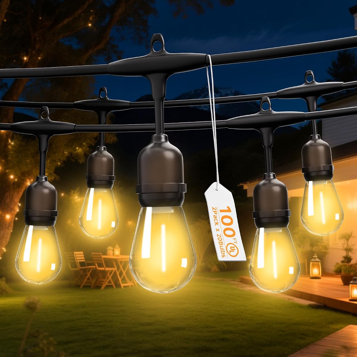 Cadena de luces de seguridad para exteriores de 100 pies – Hilo de bajo voltaje de grado comercial con 40 bombillas S14 inastillables para árbol, jardín, patio, bistró, café | Luces de fiesta de color amarillo cálido de 3500 K | IP65 resistente al agua | Listado UL
