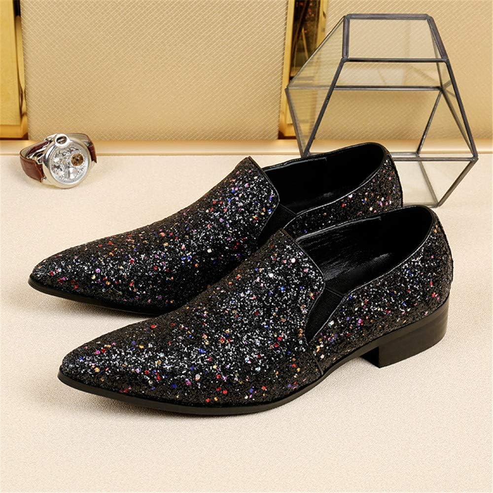 Men Oxford Formal Dress Shoes Giltter Black Dress Shoes for Men Round Toe Slip On for Club Genuine Leather