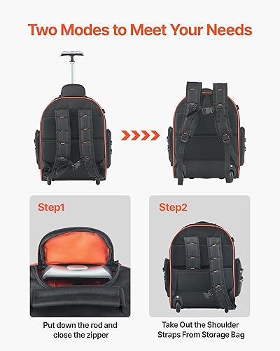 Miniatura 5 de VEVOR Mochila para herramientas rodantes, capacidad de carga de 110 libras, 45 bolsillos, bolsa de herramientas resistente sobre ruedas, mango