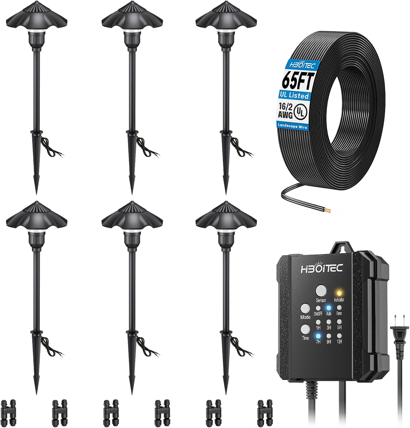 HIBOITEC All-in-One Low Voltage Pathway Lighting Kit, 6 Pack 3W Landscape Lights with 65W Transformer 65FT Wire and Connectors, Aluminum Waterproof Outdoor Landscape Lighting for Walkway Garden Yard
