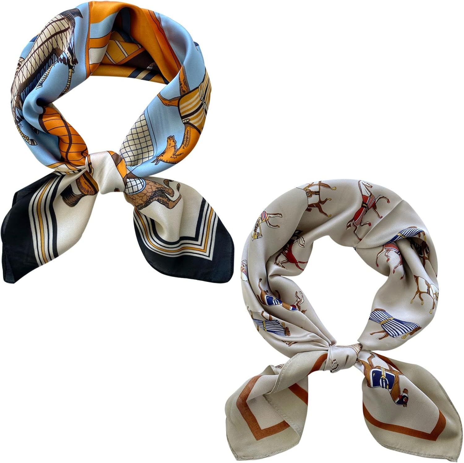 allydrew 2 Piece Silky Feeling Satin Neckerchief Scarf Set, 26.5" Square Scarf Value Pack, Regal Equestrian