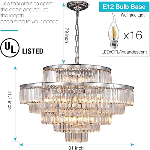 Miniatura 9 de Candelabros y luces de cristal de estilo moderno cromado, colgantes redondos, clásicos, lámpara de techo colgante de 5 niveles para comedor y sala