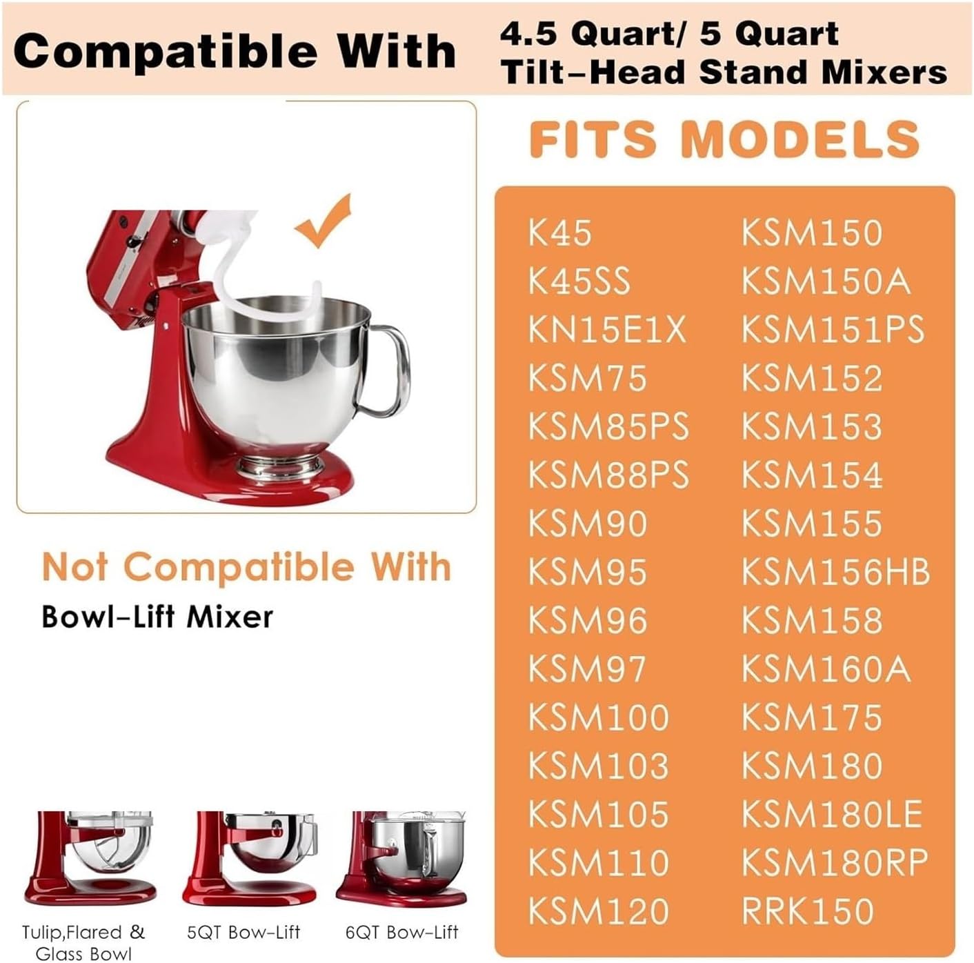 4.5-5 Quart Dough Hook, Compatible For Kitchenaid, K45 K45SS KSM90 KSM150，Kitchen Mixer Dough Hook