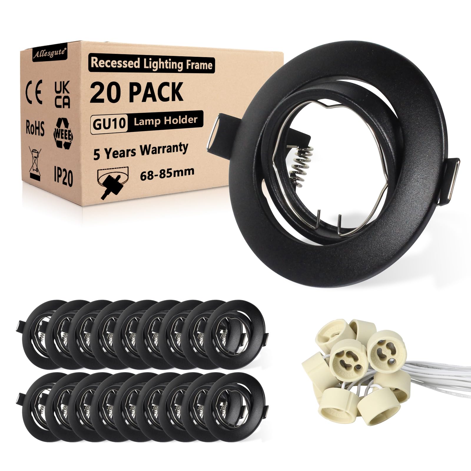 Allesgute 20x GU10 Downlights for Ceiling 360° Tilt Swivel Recessed Light Mounting Frame Round Matte Black Spot Light Fittings 240V with GU10 Lampholders, Cutout 68-85mm, No Bulbs