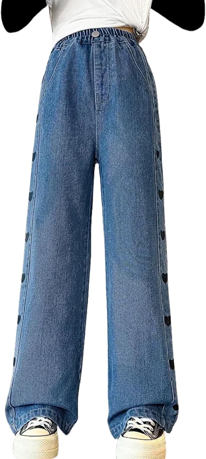 NABER Kids Girls Casual Baggy Wide Leg Denim Pants Elastic Waist Casual Jeans Age 5-14