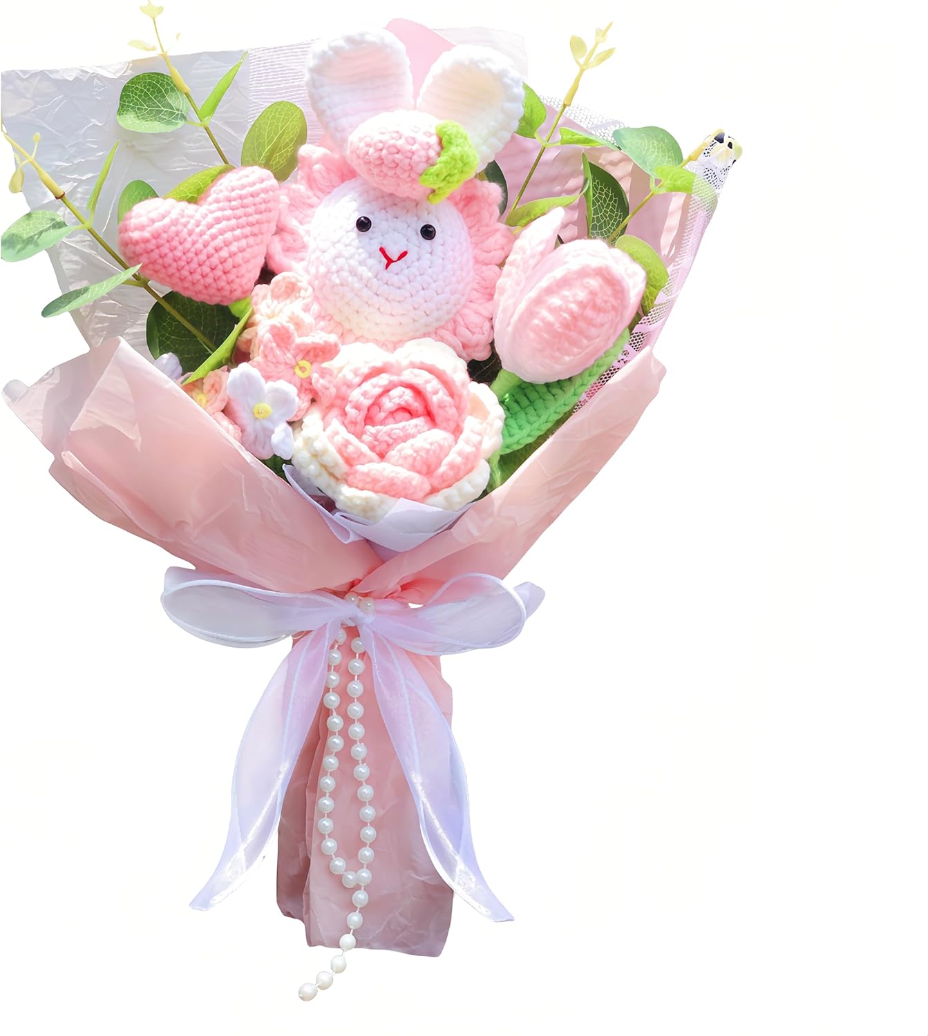 PXFCXVMQ Crochet Bunny Flower Bouquet,Pink Sunflower Tulip Rose Knitted Bouquet,Gift for Easter, Mother's Day, Graduation, Birthday, Wedding, Home Decor(Pink)