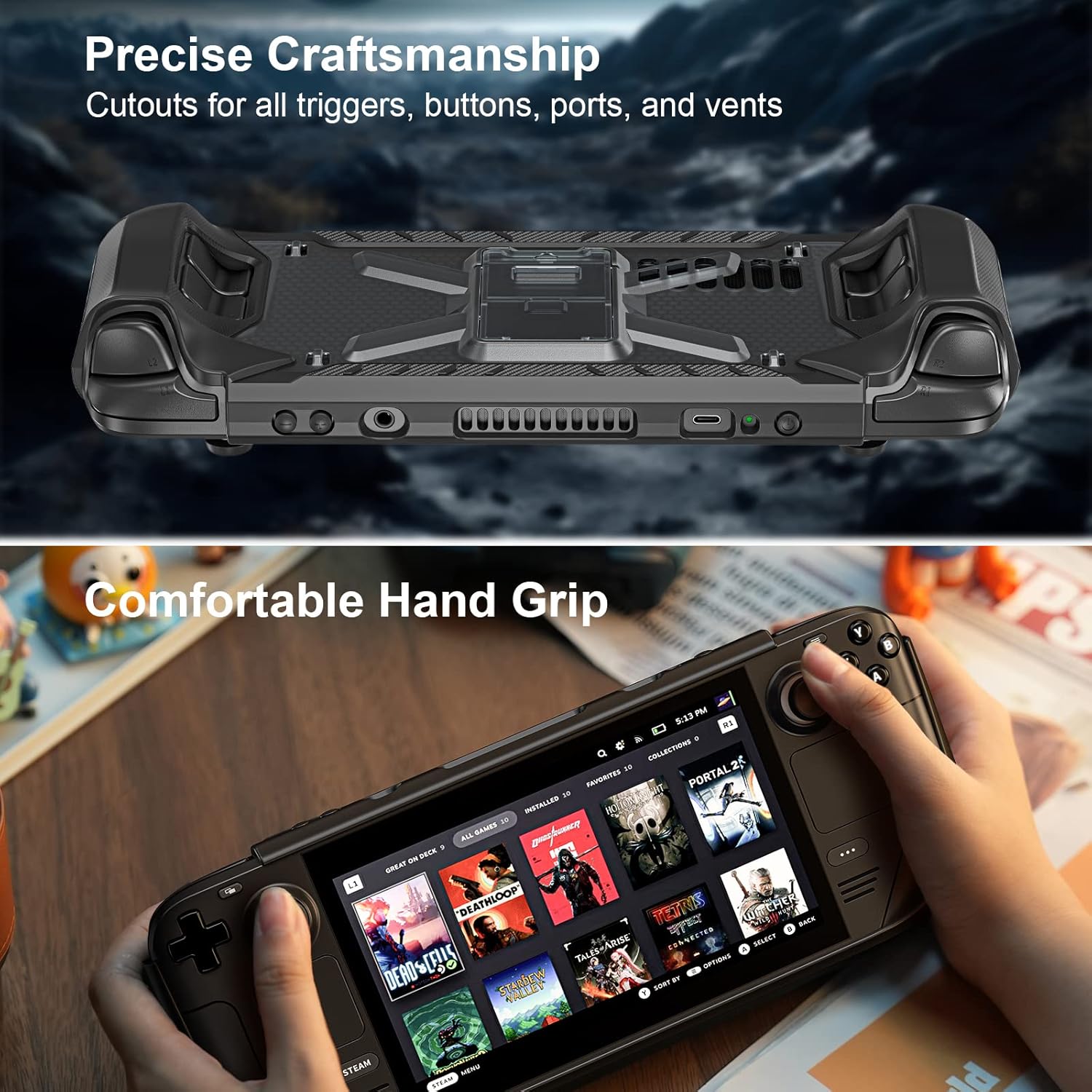 DMaos Protective Steam Deck Case with Kickstand, TPU & PC Cover, Shock-Absorption for Steam Deck Accessories with Shoulder Strap - Black