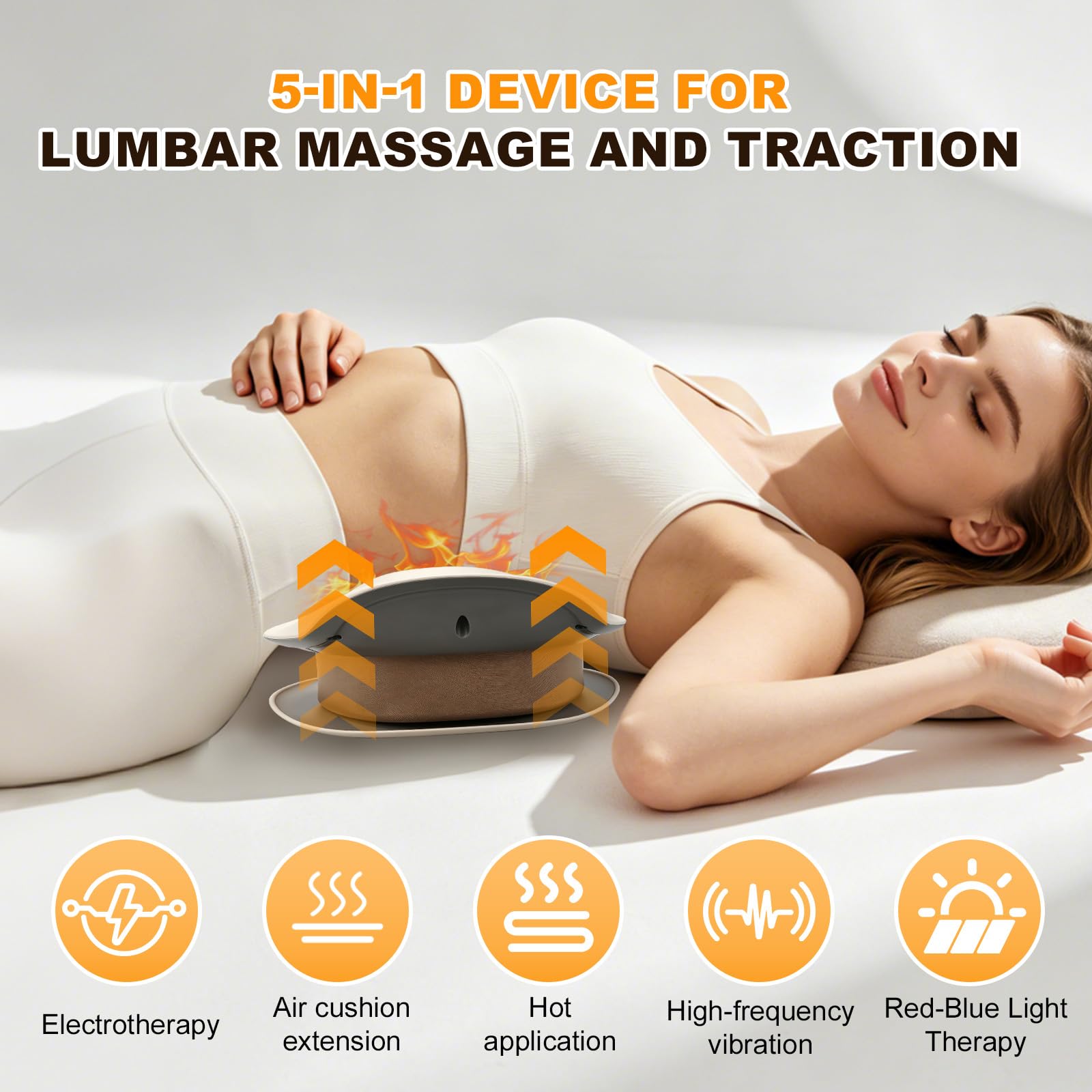 5 en 1 Appareil de Massage Lombaire électrique, 3 Niveaux Appareil de Massage Dorsal Sans Fil avec Traction 26°par Airbag, Compresse Chaude, Electrothérapie EMS à 6 Niveaux, Vibrations