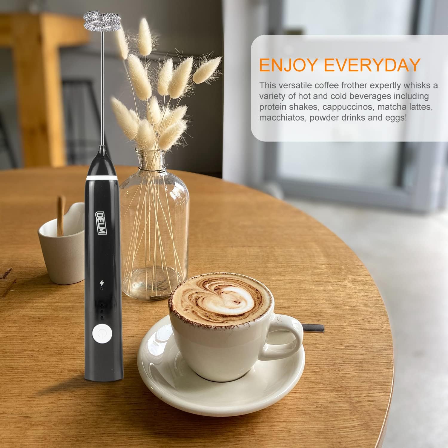 Delm Milk Frother Electric USB Stainless Steel Accessory - Frother Wand Foam Maker for Lattes - Milk Frother Handheld for Cappuccino, Frappe, Matcha, Hot Chocolate - Frother for Coffee (black)