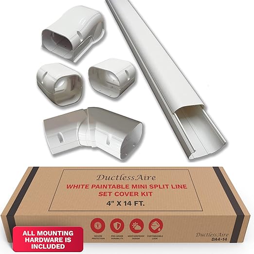 DuctlessAire Paintable Mini Split Line Set Cover Kit - Lineset Cover for Ductless Mini Split Air Conditioner Unit - Cable Covers - Wall Cap, Hide-A-Line, Coupler, End Cap & Elbow (White, 4" x 14 ft.)
