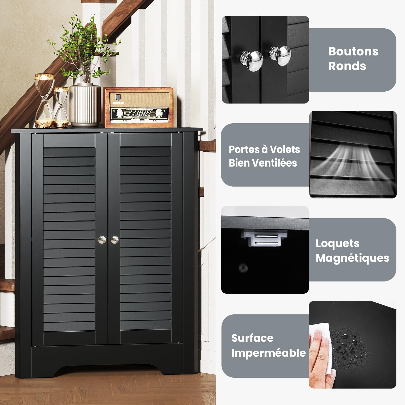 COSTWAY Meuble d'angle, avec 2 Portes et Étagère Réglable, Meuble de Rangement Autoportant pour Salle de Bain, Entrée, Salon, Chambre (Noir)