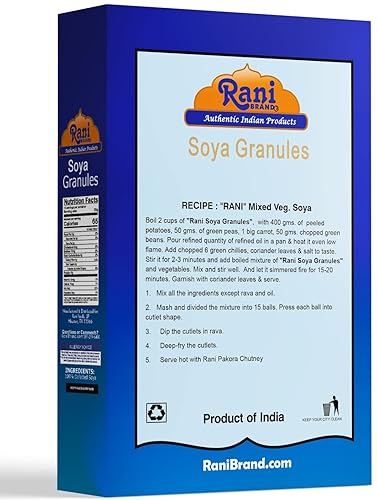 Miniatura 4 de Rani Gránulos de soja (alto protien) 7 oz (200 g)  Todo natural, sin sal  Vegano  Sin colores  Apto para gluten  Sin OMG  Origen indio  Sustituto