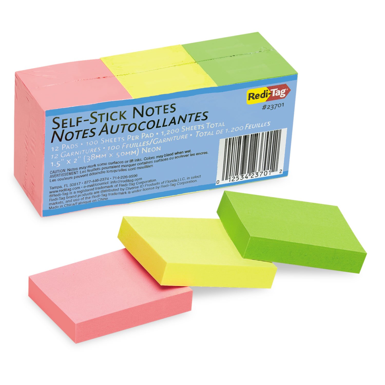 Redi-Tag 23701 Self-Stick Notes 1 1/2 x 2 Neon 12 100-Sheet Pads/Pack