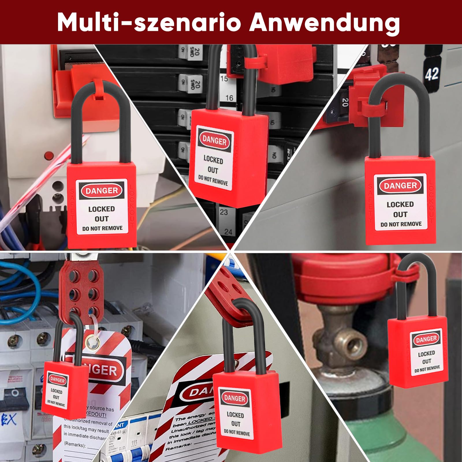 10 lucchetti a catena Lockout Tagout da 38mm, Lucchetto di sicurezza Loto in nylon rosso con 2 chiavi ciascuno, Etichetta scrivibile e stampa di avviso per applicazioni industriali